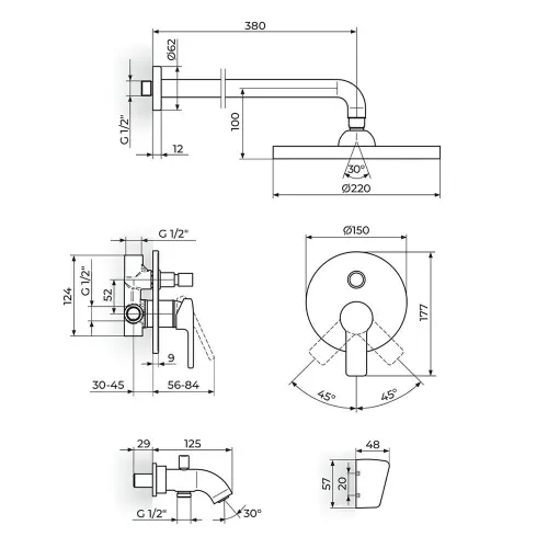Rosan B2 uzidna JB31701 sa izlivom, zidnim t D.220mm i ruč t