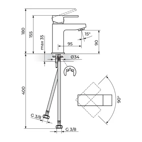 Rosan Quadro White za lavabo JQ30101W - tehnički crtež