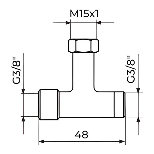 Rosan Razdelnik - T komad 3/8"x M15 x 3/8" PPT385 - tehnički crtež