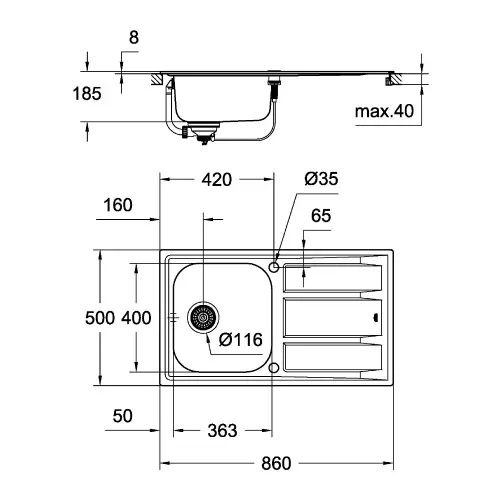Grohe K400 sudopera 45 -S 86/50 1.0 rev 31566SD0 - tehnički crtež