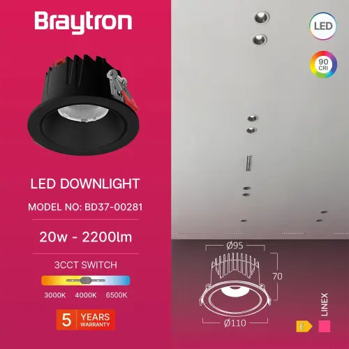 Braytron LED Downlight 20W Crni CCT BD37-00281