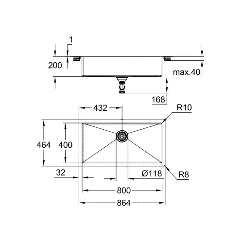 Grohe K700 sudopera 90 -S 86,4/46,4 1.0 31580SD1 - tehnički crtež