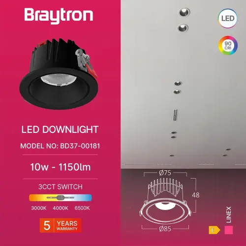 Braytron LED Downlight 10W Crni CCT BD37-00181