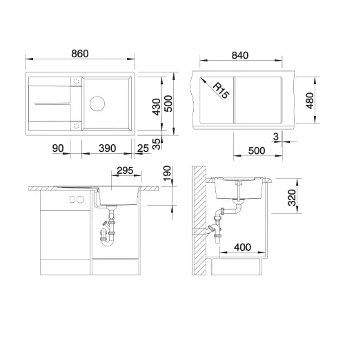 Blanco Metra 5 S crna 525919 - tehnički crtež