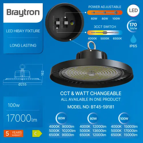 Braytron LED Industrijsko Zvono 100W Crni CCT IP65 BT45-59181