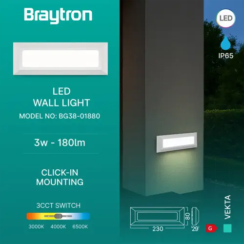 Braytron LED Zidna Svetiljka Pravougaona 3W Beli CCT IP65 BG38-01880