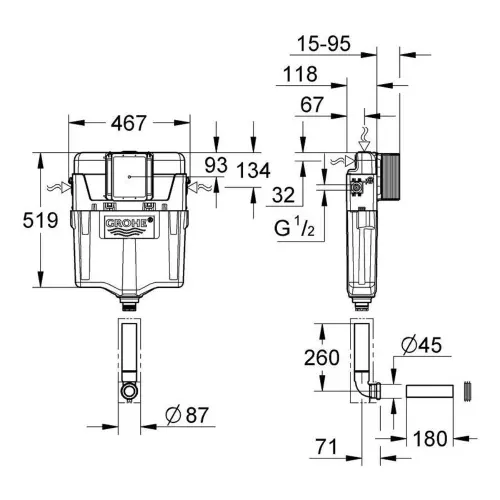 Grohe ugradni vodokotlić za podnu šolju 6-9L 38987000 - tehnički crtež