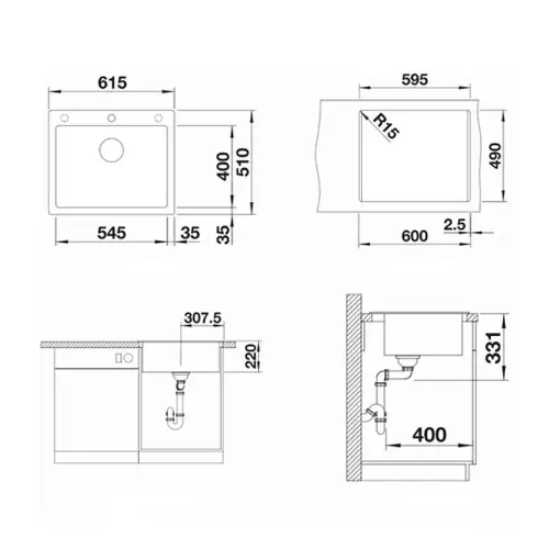 Blanco PLEON 6 Crna silgranit 525953 - tehnički crtež