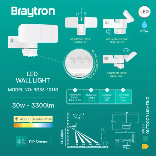 Braytron LED Zidna Svetiljka 30W Beli 4000K IP54 BG36-10110