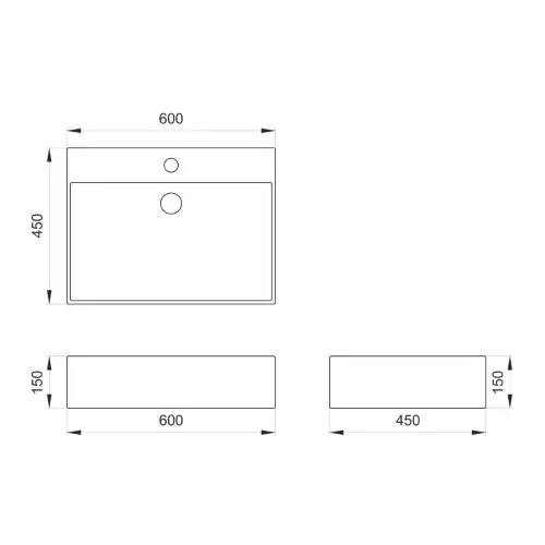Elegant 600x450/150mm lavabo - tehnički crtež