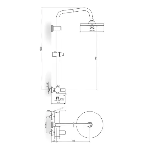 Rosan B2 Baterija za tuš kadu sa usp tuš D.220mm i izlivom JB37351 - tehnički crtež