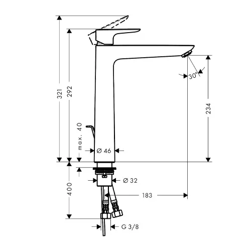 Hansgrohe Talis E 240 za lavabo MAT Crna 71716670 - tehnički crtež