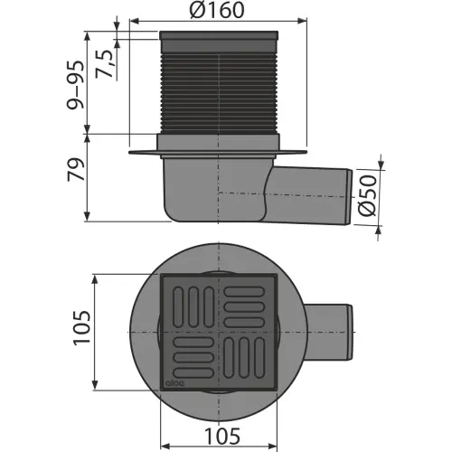 Alca Podni slivnik APV31 Black 105X105/50mm bočni - tehnički crtež