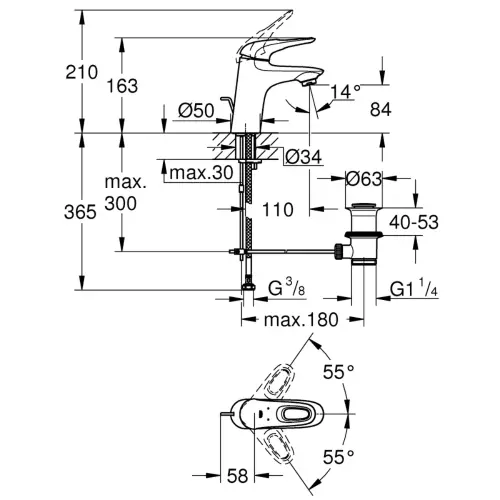 Grohe EUROSTYLE 2015 za umivaonik 33558003 - tehnički crtež