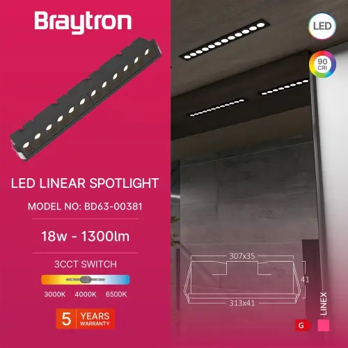 Braytron LED Linearna Svetiljka 18W Crni CCT BD63-00381
