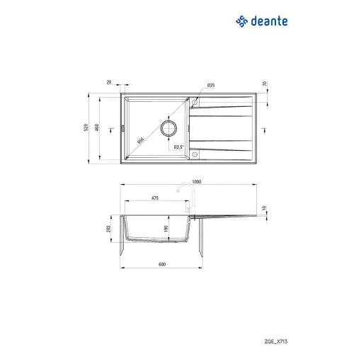Deante Eridan ZQE N713 ugradna Crna 1000x520/203mm