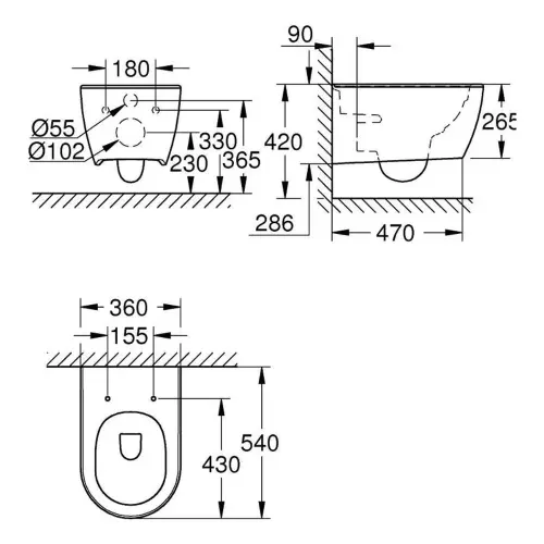 Grohe Essence WC šolja konzolna Rimless 3957100H - tehnički crtež