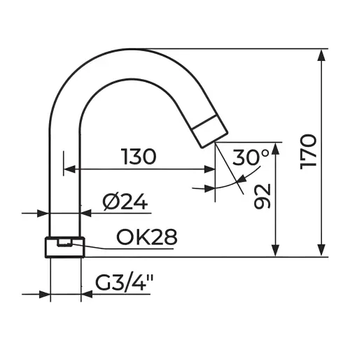 Rosan Izliv J 130 - ø24 mm sa Neoperl HC perlatorom PIJ30XO - tehnički crtež