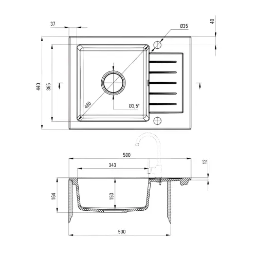 Deante Zorba ZQZ 211A ugradna Grafit 580x440/164mm - tehnički crtež
