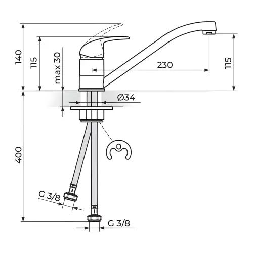 Rosan Perla za sudoperu - 2 cevi JP381001 - tehnički crtež