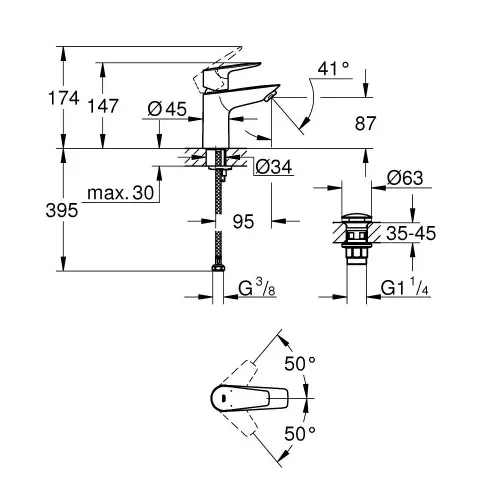 Grohe Bauedge za lavabo S CLICK 23896001 - tehnički crtež