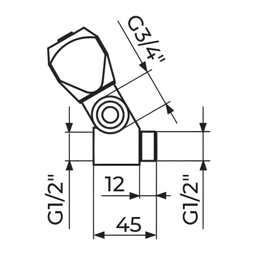 Rosan Klasik Fumme Priključno-prolazni ventil 1/2" sa priključkom 3/4" AF55112 - tehnički crtež