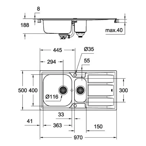 Grohe K400 sudopera 60-S 97/50 1.5 rev 31567SD0 - tehnički crtež