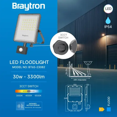 Braytron LED Reflektor 30W Sivi CCT IP65 sa Senzorom BT65-23082