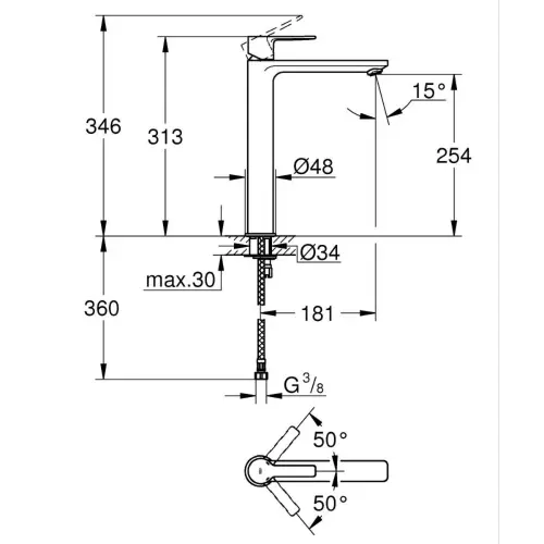 Grohe Lineare za lavabo XL size 23405001 - tehnički crtež