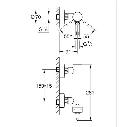 Grohe Essence za tuš kadu 33636001 - tehnički crtež