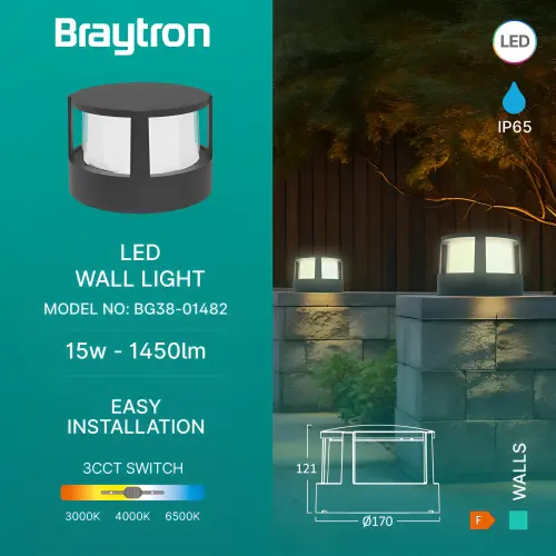 Braytron LED Zidna Svetiljka Okrugla 15W Sivi CCT IP65 BG38-01482