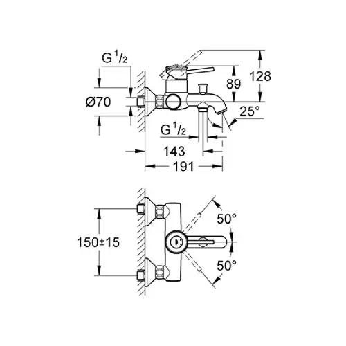 Grohe BauClassic za kadu 32865000 - tehnički crtež