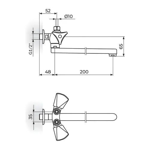 Rosan Klasik Baterija za protočni bojler 1/2" g.deo - ovalni izliv 200 mm K09201 - tehnički crtež