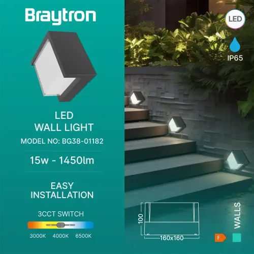Braytron LED Zidna Svetiljka Kvadratna 15W Sivi CCT IP65 BG38-01182