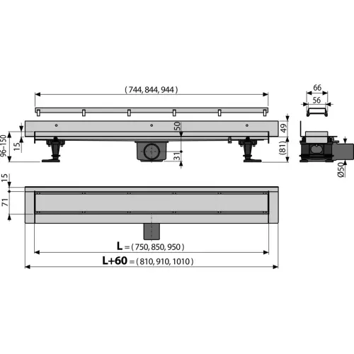 Alca APZ23 750mm DOUBLE9 FIT AND GO WALL - tehnički crtež
