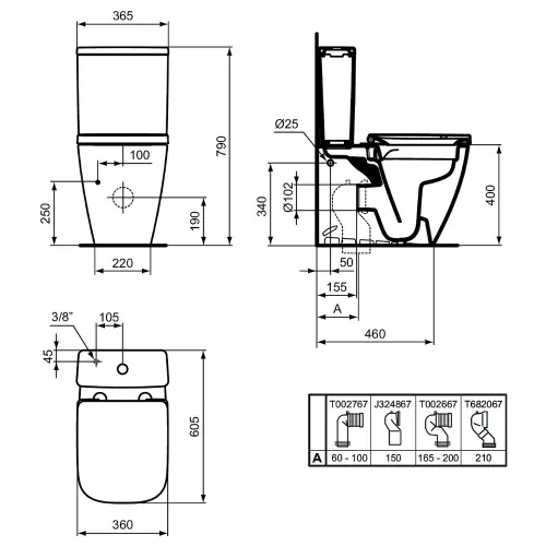 Ideal Standard I Life monoblok back to wall sa sporospuštajućom daskom T481601 - tehnički crtež