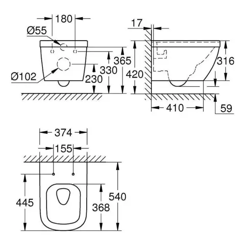 Grohe Euro Ceramic WC šolja konzolna Rimless PureGuard 3932800H - tehnički crtež