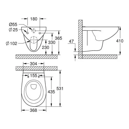 Grohe Bau Ceramic WC šolja konzolna Rimless 39427000 - tehnički crtež