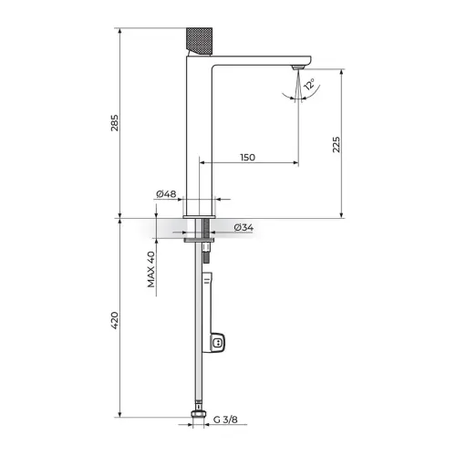 Rosan S2 Black gold za lavabo L - hladna voda 254109BG - tehnički crtež