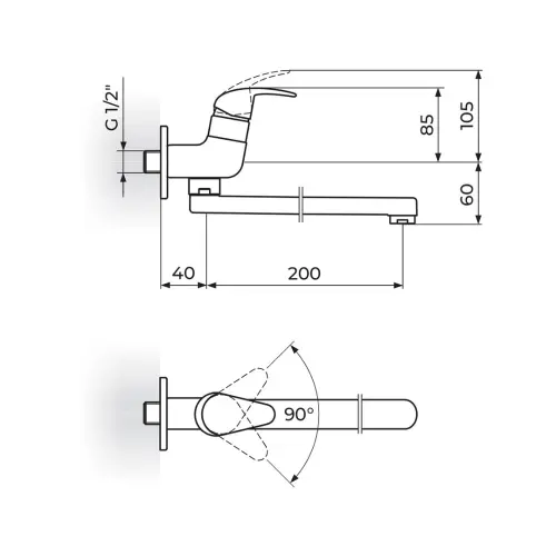 Rosan Perla HLADNA VODA Zidna 200mm JP522020 - tehnički crtež