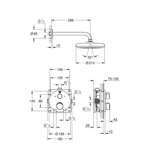 Grohe Grohtherm ugradni set SA Tempesta 210 tuš ružom 34726000 - tehnički crtež