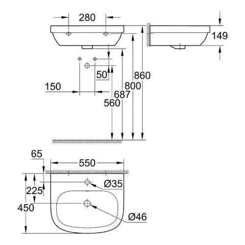 Grohe Euro Ceramic Umivaonik 55 39336000 - tehnički crtež