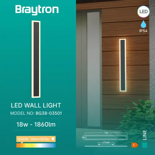 Braytron LED Zidna Svetiljka 18W Crni IP54 BG38-03501