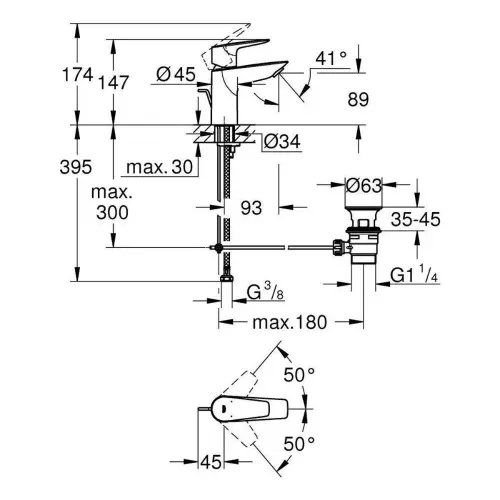 Grohe Bauedge NEW za umivaonik S SIZE 23328001 - tehnički crtež