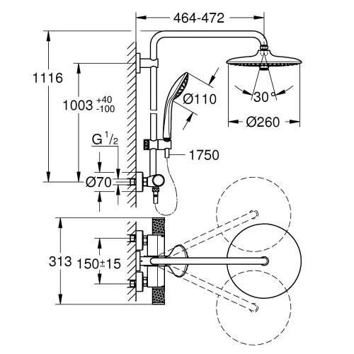 Grohe Euphoria 260 Termostatski Usponski tuš 27296003 - tehnički crtež