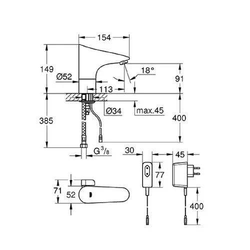 Grohe Europlus E senzorska za Umivaonik 36015001 - tehnički crtež