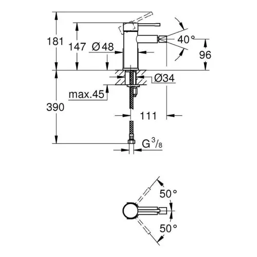 Grohe Essence za bide S size Phantom Black 24395KF1 - tehnički crtež