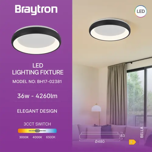 Braytron LED Plafonjera Okrugla 36W Crni CCT IP20 BH17-02381