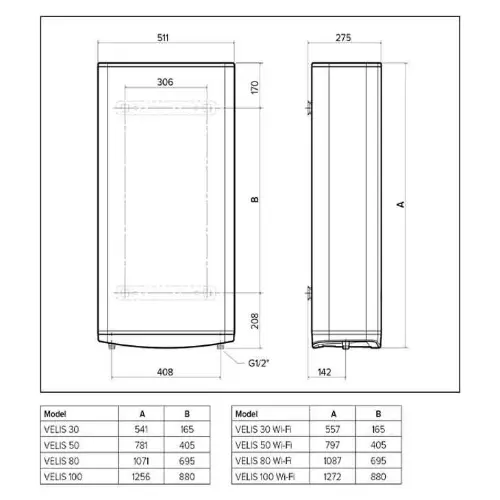 Ariston Velis Pro 80 EU beli 3100915 - tehnički crtež