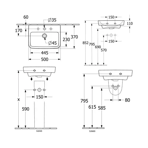 Villeroy & Boch O novo lavabo 500x370mm 43445001 - tehnički crtež